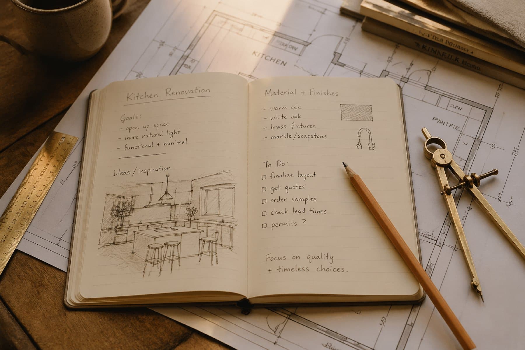 Hand-written renovation notebook open, wooden pencil, blueprint