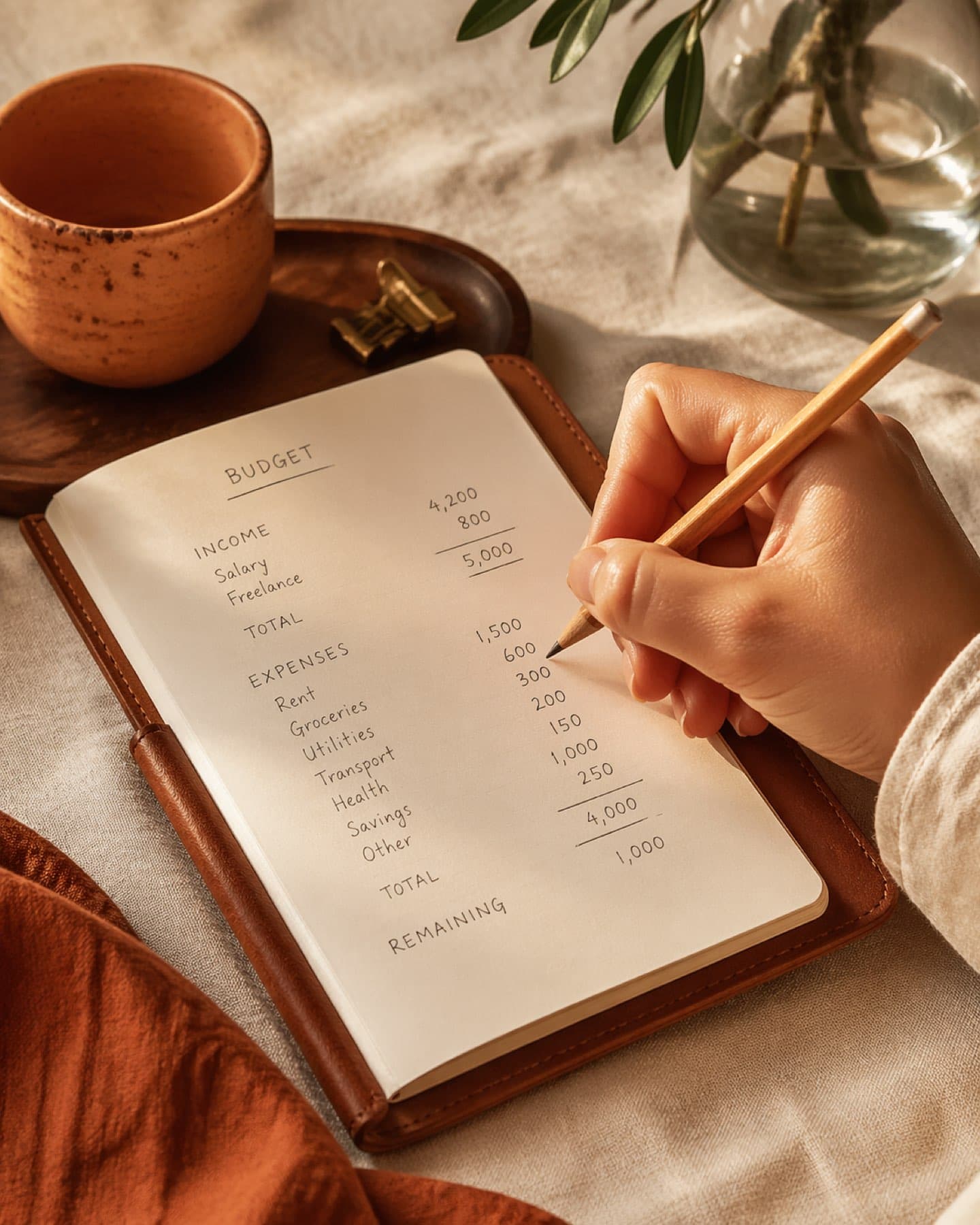 Hand writing budget figures in a leather notebook