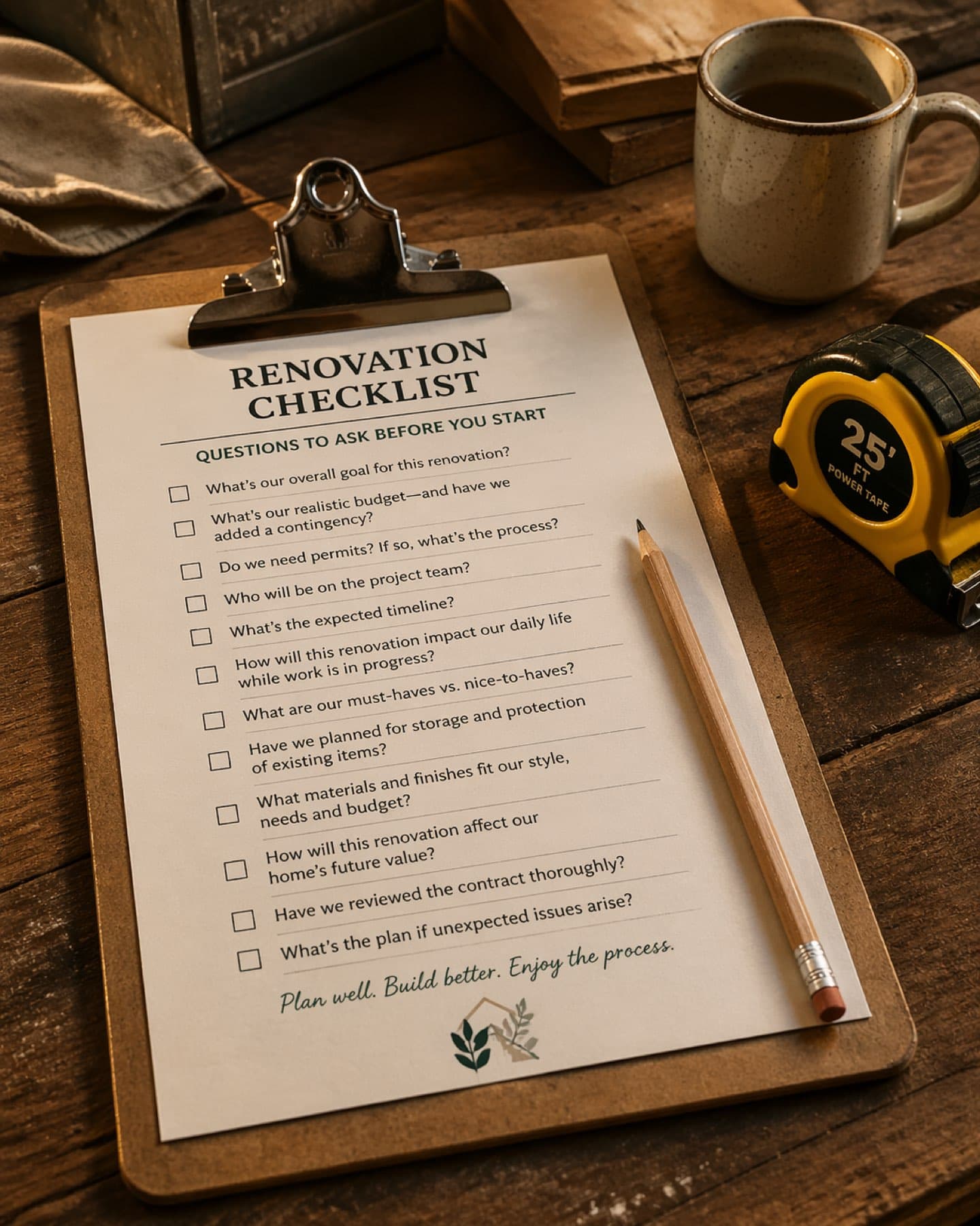 Clipboard with renovation checklist and tape measure