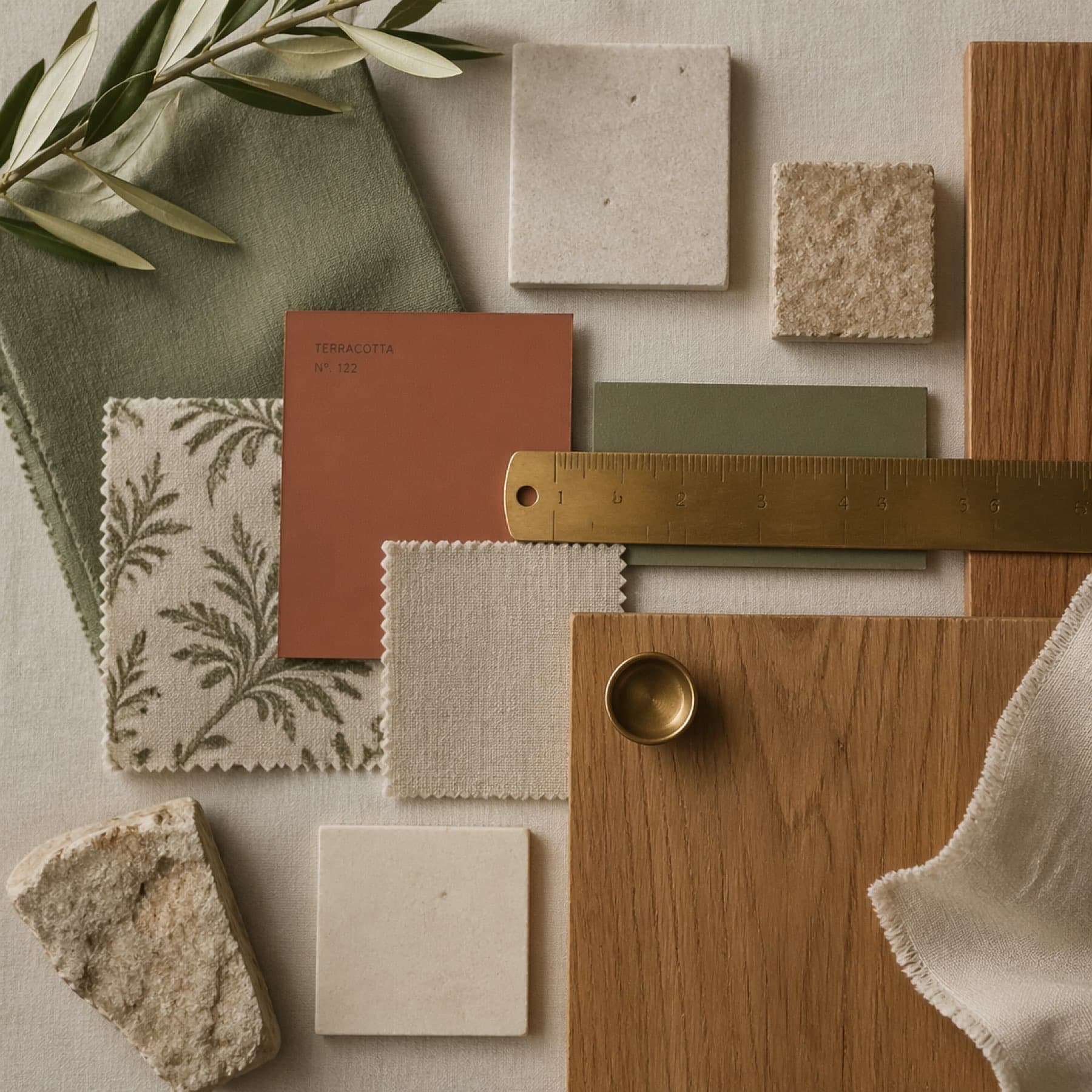 Mood board with fabric and paint chips, overhead flat lay