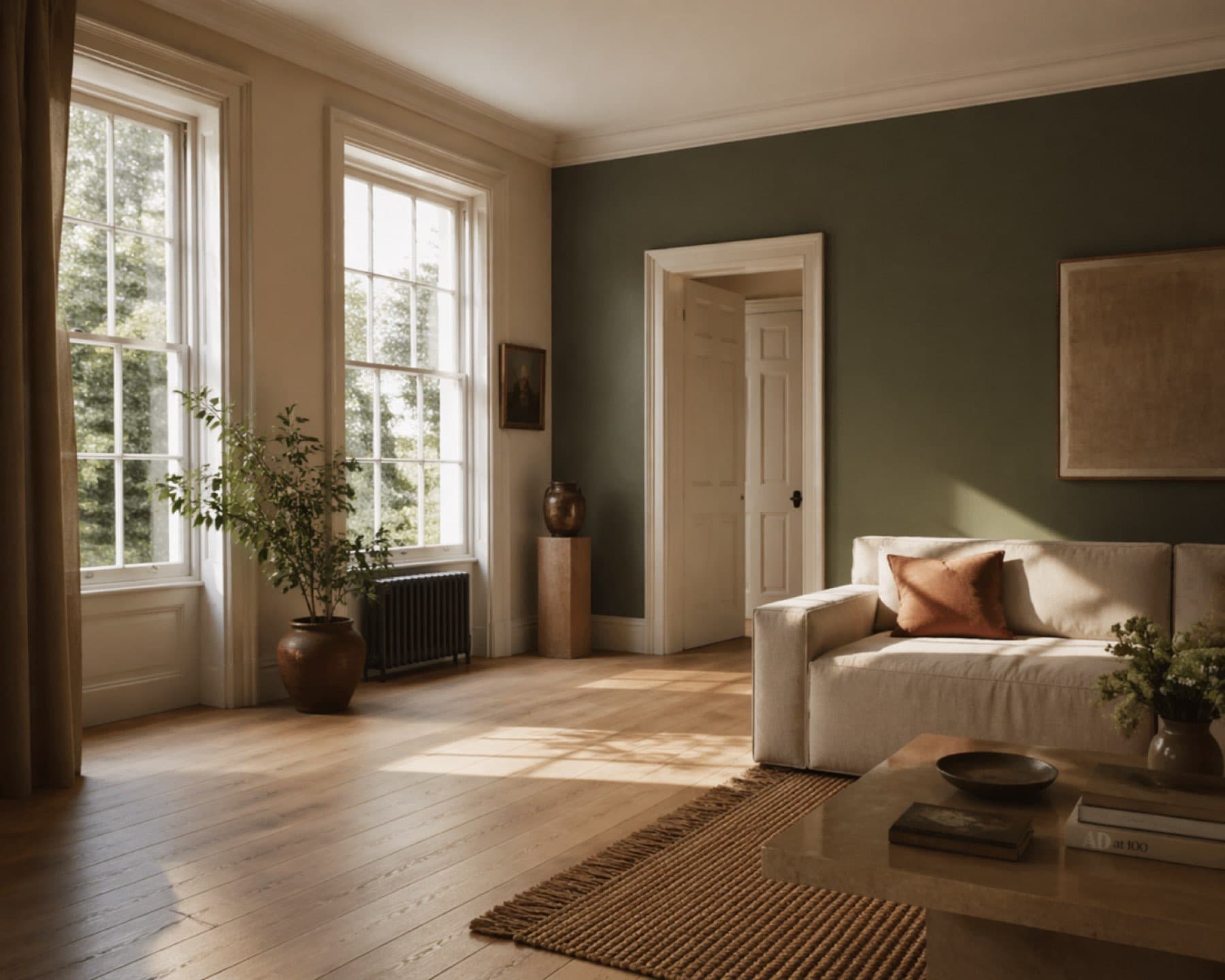 Warm minimal living room with sage green wall