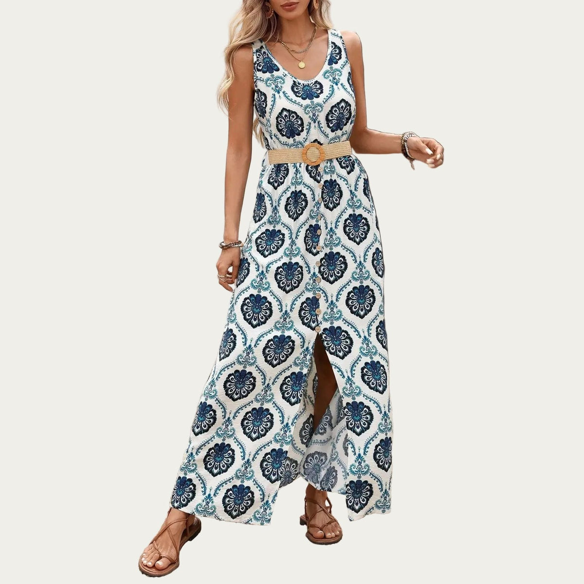 Printed Slit Sleeveless Maxi Dress