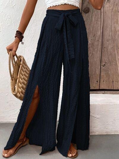 Tie Waist Wide Leg Pants with Slit: Dark Navy