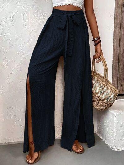 Tie Waist Wide Leg Pants with Slit: Dark Navy