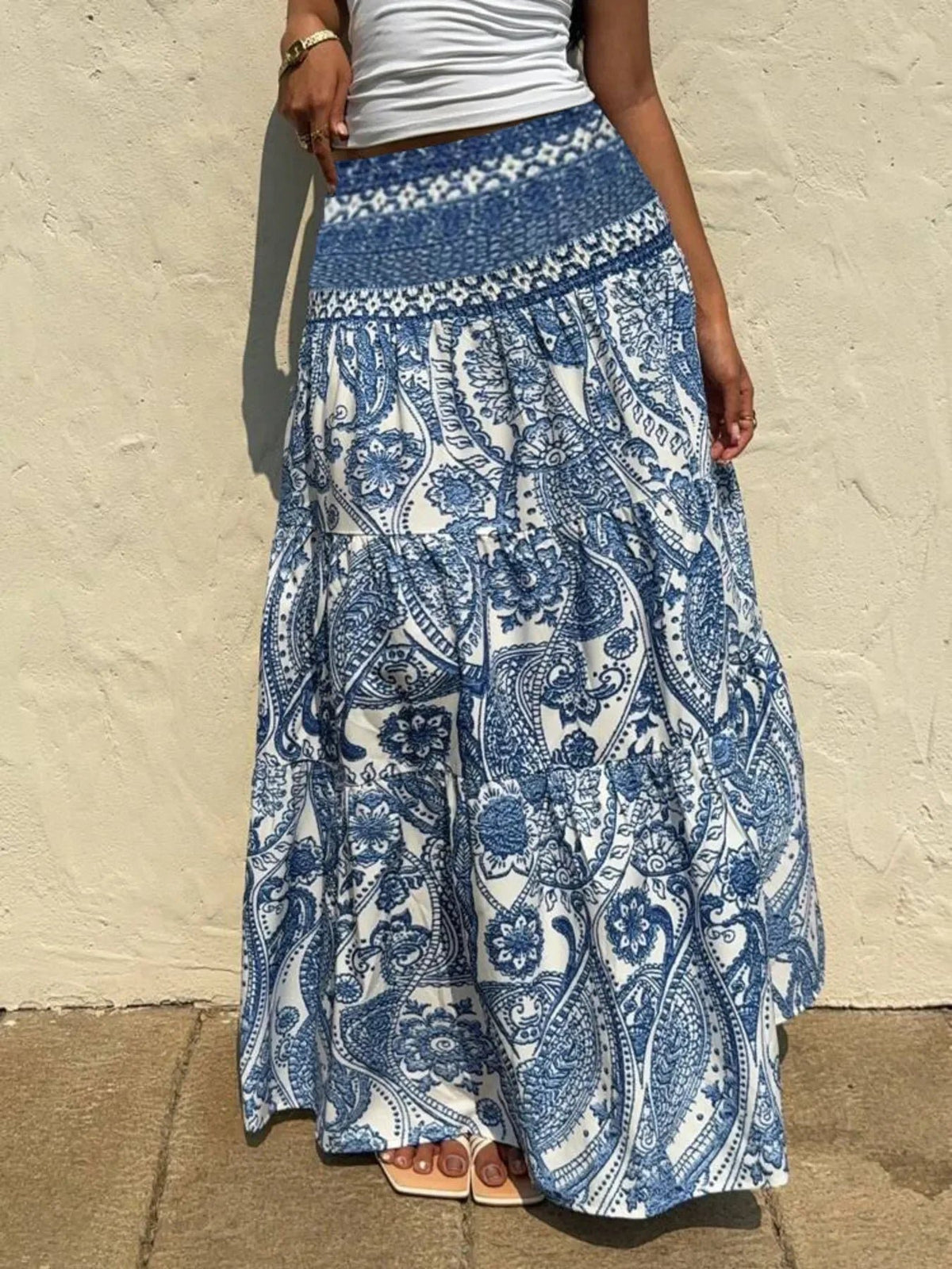 Women’s Printed Tiered Maxi Skirt – Floral Boho Long Skirt